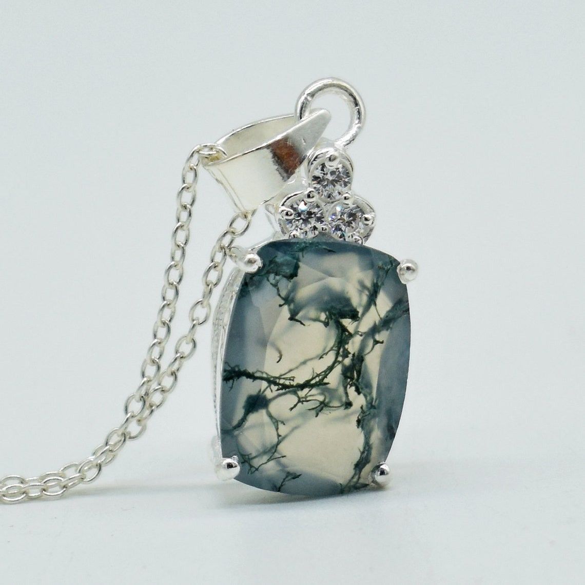Handmade Natural Moss Agate 925 Sterling Silver Necklace - 18 Inch Size ONE SIZE - 1 Thumbnail