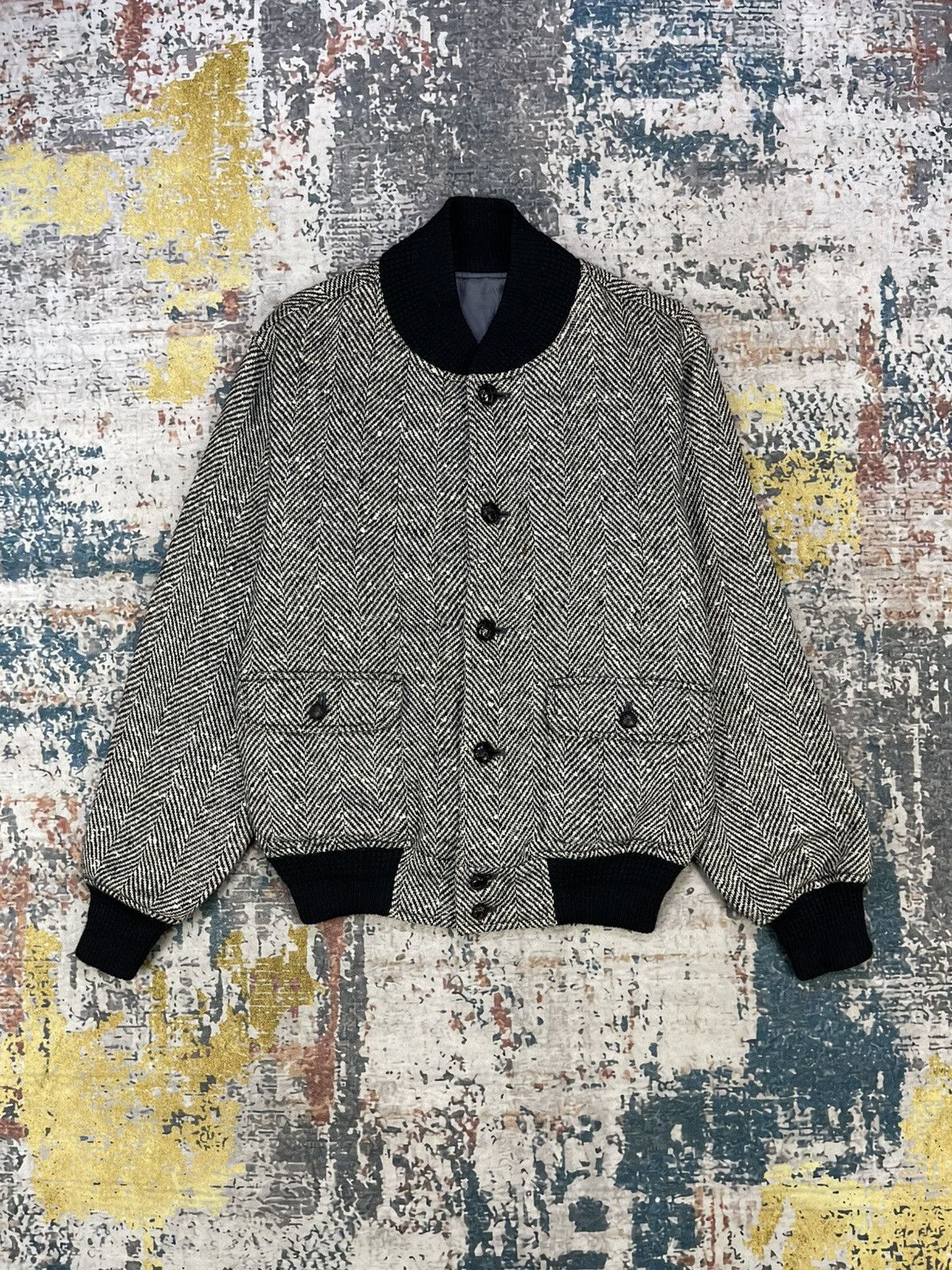 Van Vtg Van Herringbone Tweed Wool Bomber Jacket Size US XS / EU 42 / 0 - 1 Thumbnail