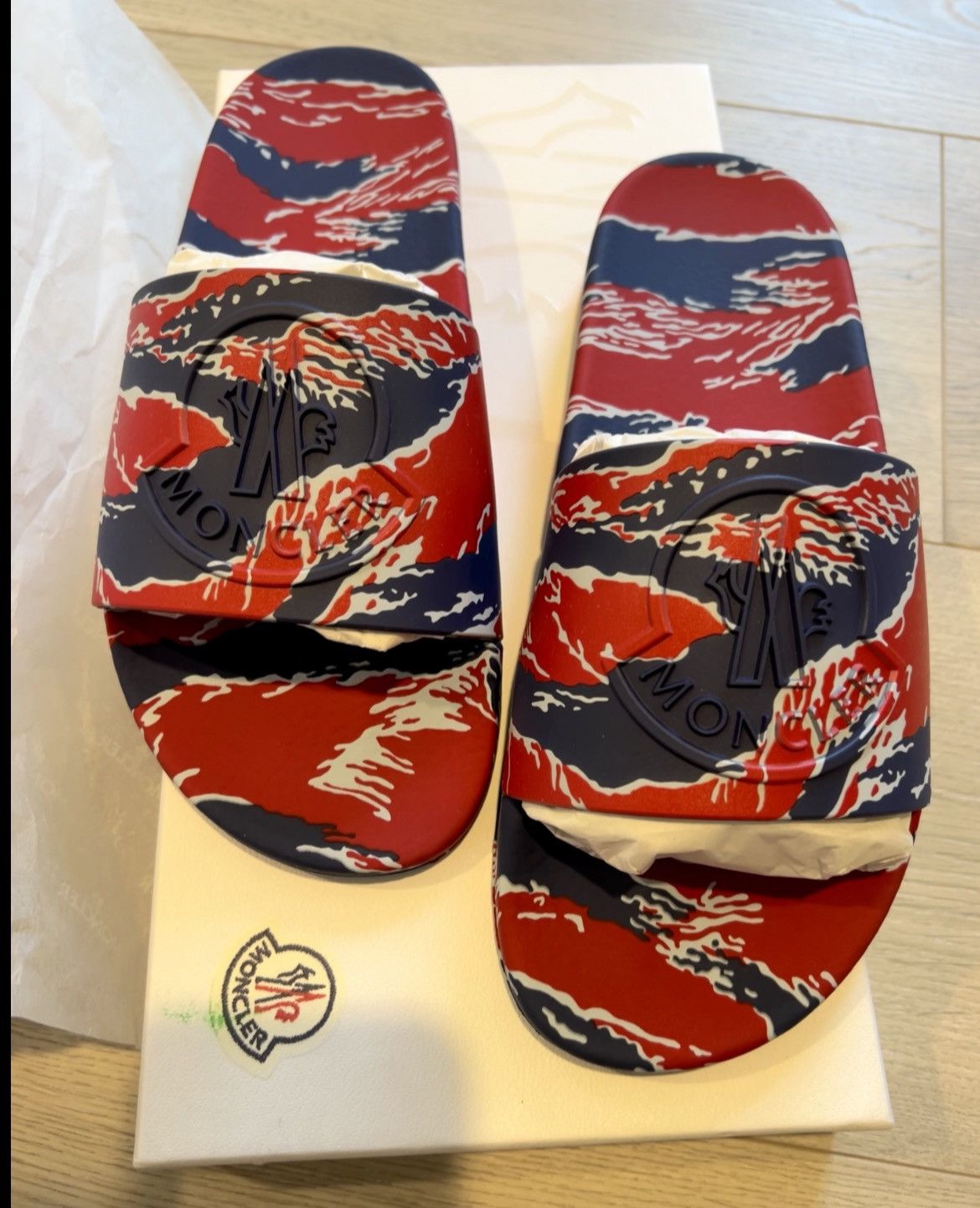 Moncler Moncler Blue Red Basile Embossed Logo Rubber Pool Slides 41 Size US 8 / EU 41 - 1 Thumbnail