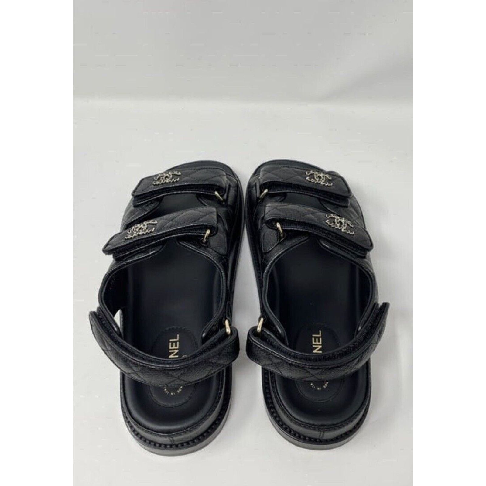 Chanel Black Leather Chain 38.5 EUR CC Quilted Flats Dad Sandals Size US 7.5 / IT 37.5 - 2 Thumbnail
