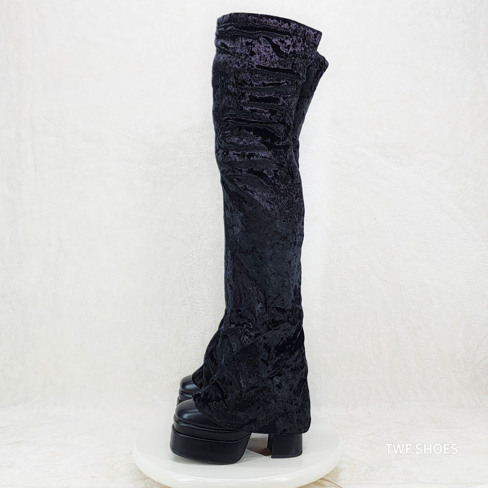 Other Unique Thigh High Black Velvet Fold over Skirted Chunky Heel Size US 7.5 / IT 37.5 - 5 Thumbnail