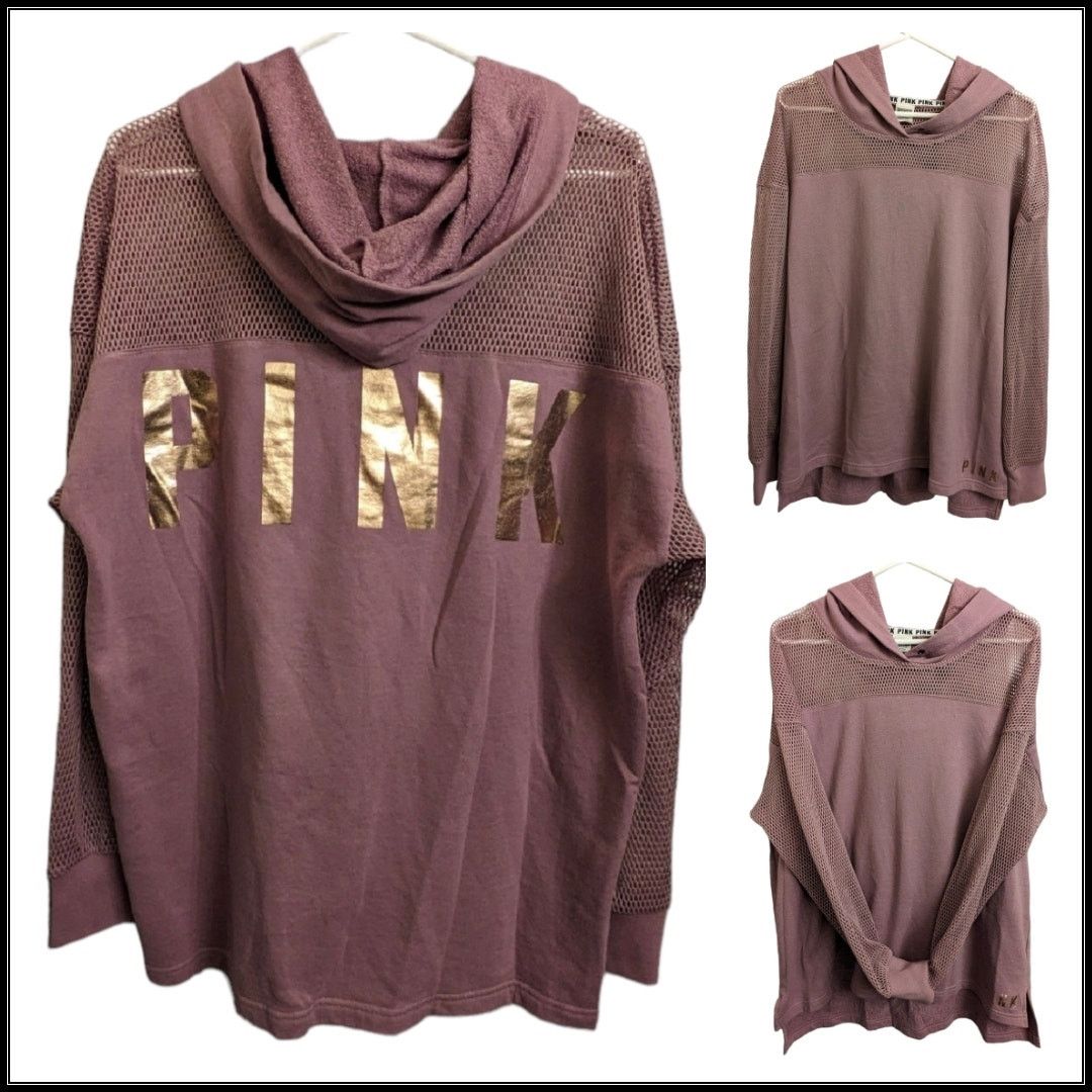 VS PINK Fishnet Mesh Hoodie Sweatshirt Tunic Rose Gold Foil