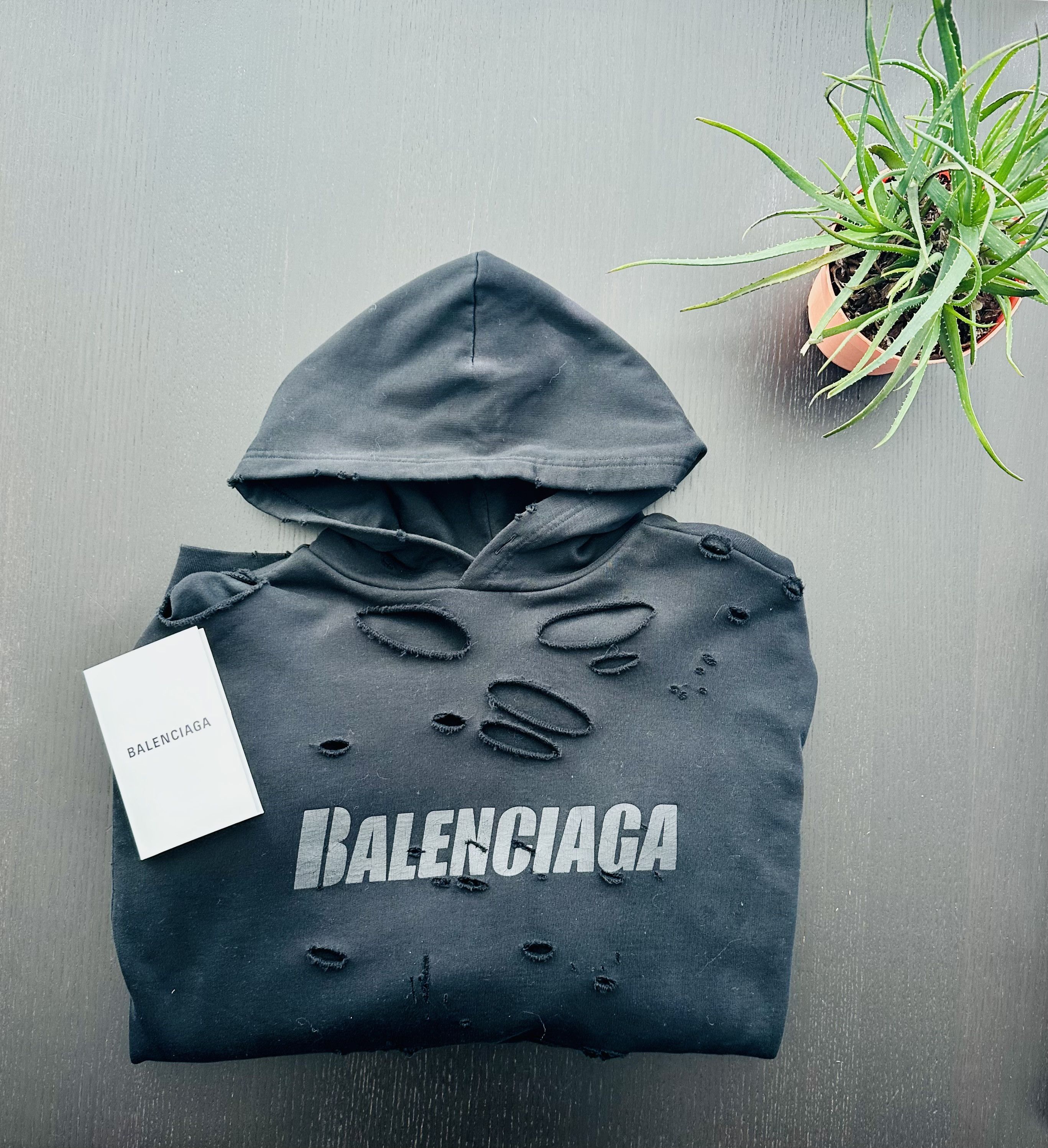 image of Balenciaga Destroyed Hoodie in Black, Men's (Size XS)