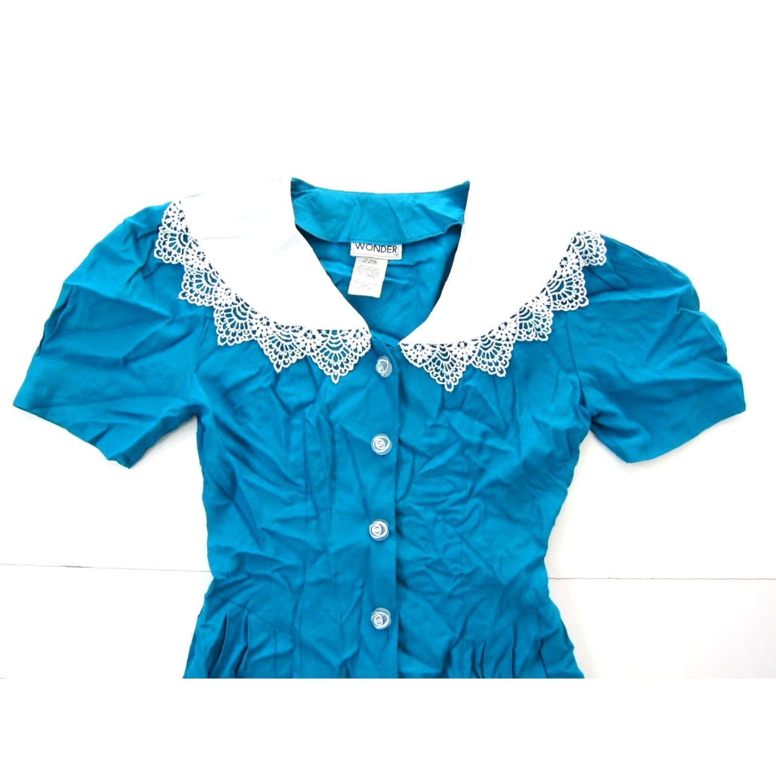 Vintage Vtg Wonder Rayon Blue Lace Collar Short Sleeve Button Down Secretary Dress 7/M Size 32" / US 10 / IT 46 - 3 Thumbnail