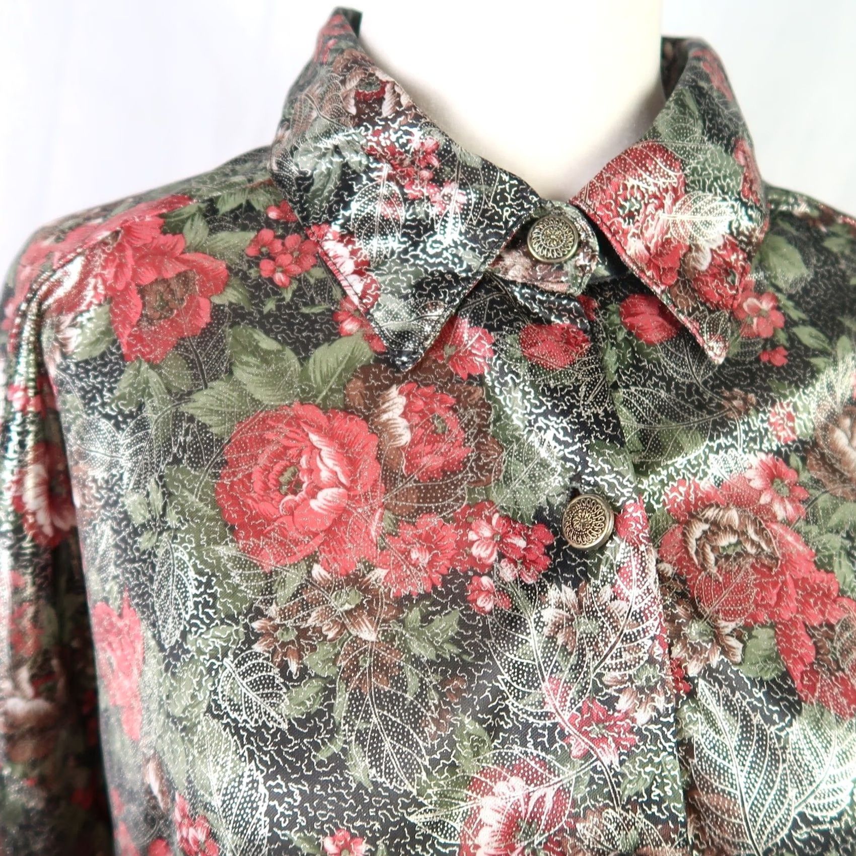 Lee VINTAGE Lauren Lee Blouse Tunic Bohemian 80s Floral Silver Metallic Green Pink L Women Size L / US 10 / IT 46 - 3 Thumbnail