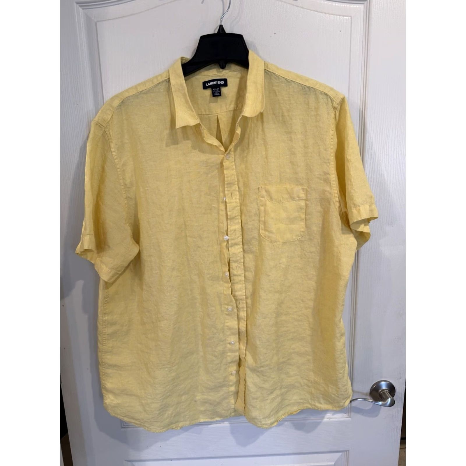 Lands' End Lands' End Button-Up Shirt Mens Yellow Linen 2XL Big & Tall Short Sleeve Solid Beach Vacation Summer Mens Size US XXL / EU 58 / 5 - 2 Thumbnail
