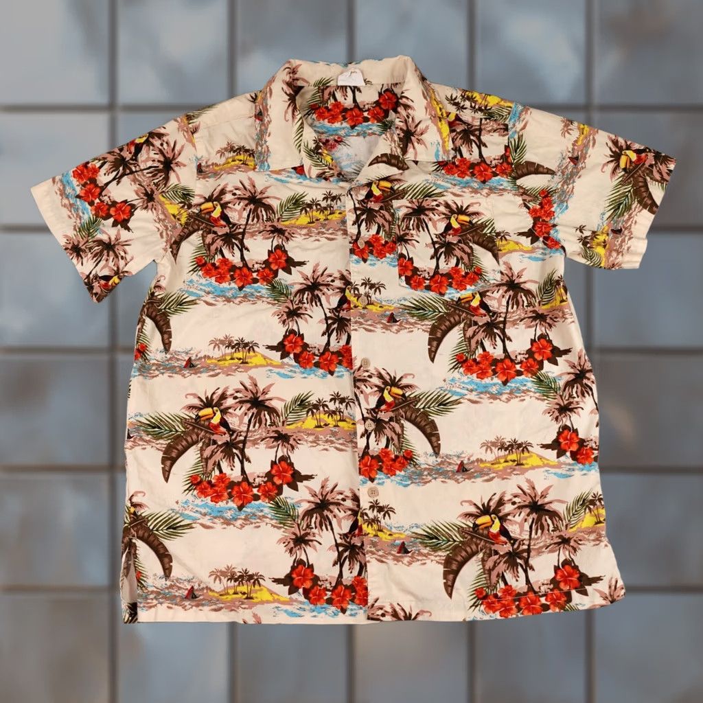 Paradise Barefoot In Paradise Men's Shirt M Brown Floral Bird Print Tropical Button-Up Short Sleeve Casual Size US M / EU 48-50 / 2 - 1 Thumbnail