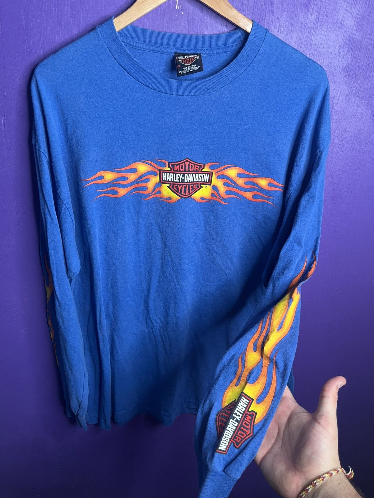 Harley Davidson × Vintage Vintage Harley Davidson flame sleeves blue long-sleeve Size US XL / EU 56 / 4 - 3 Thumbnail