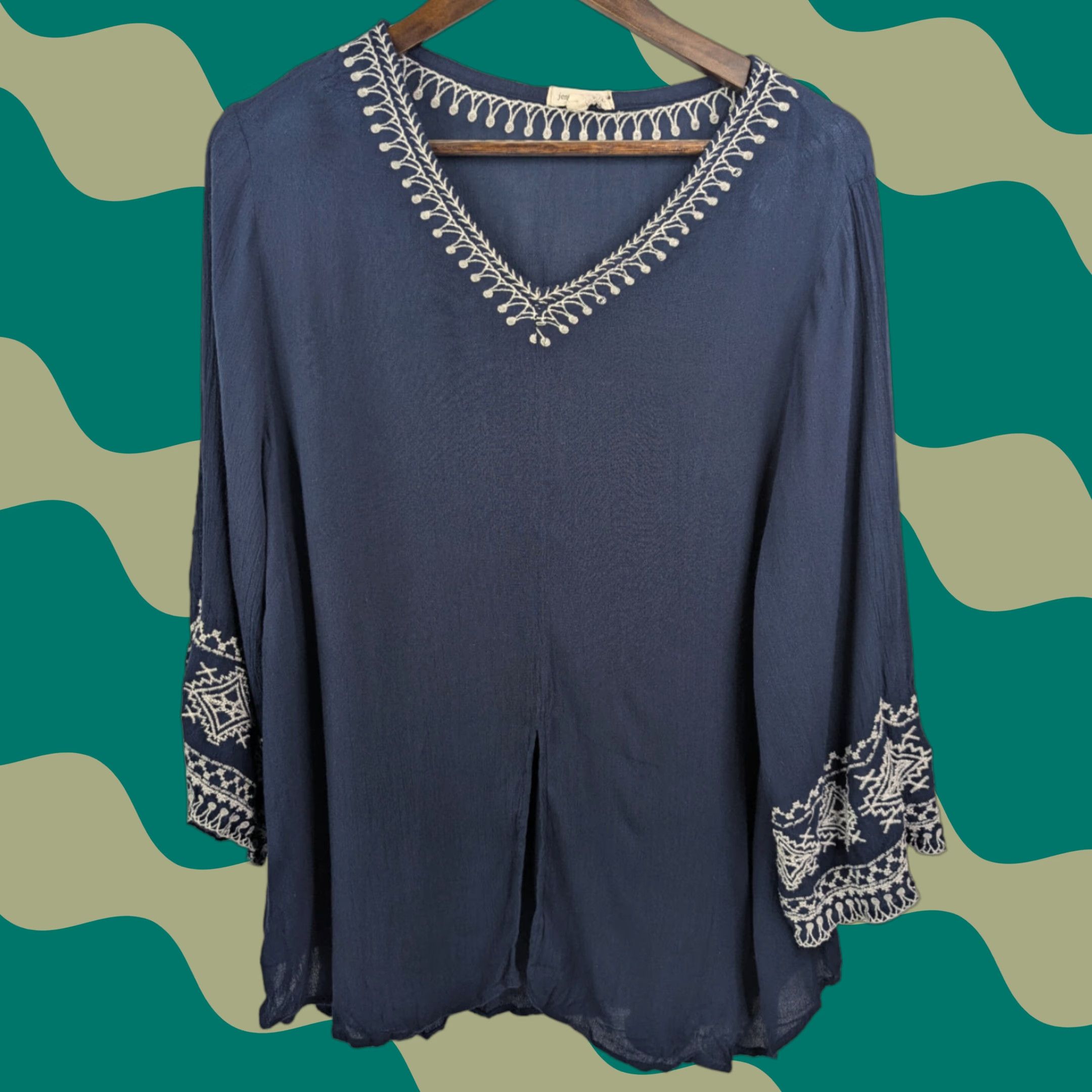Vintage Jennifer & Grace Women Shirt L Navy V-Neck 3/4 Sleeve Rayon Blouse Size L / US 10 / IT 46 - 1 Thumbnail