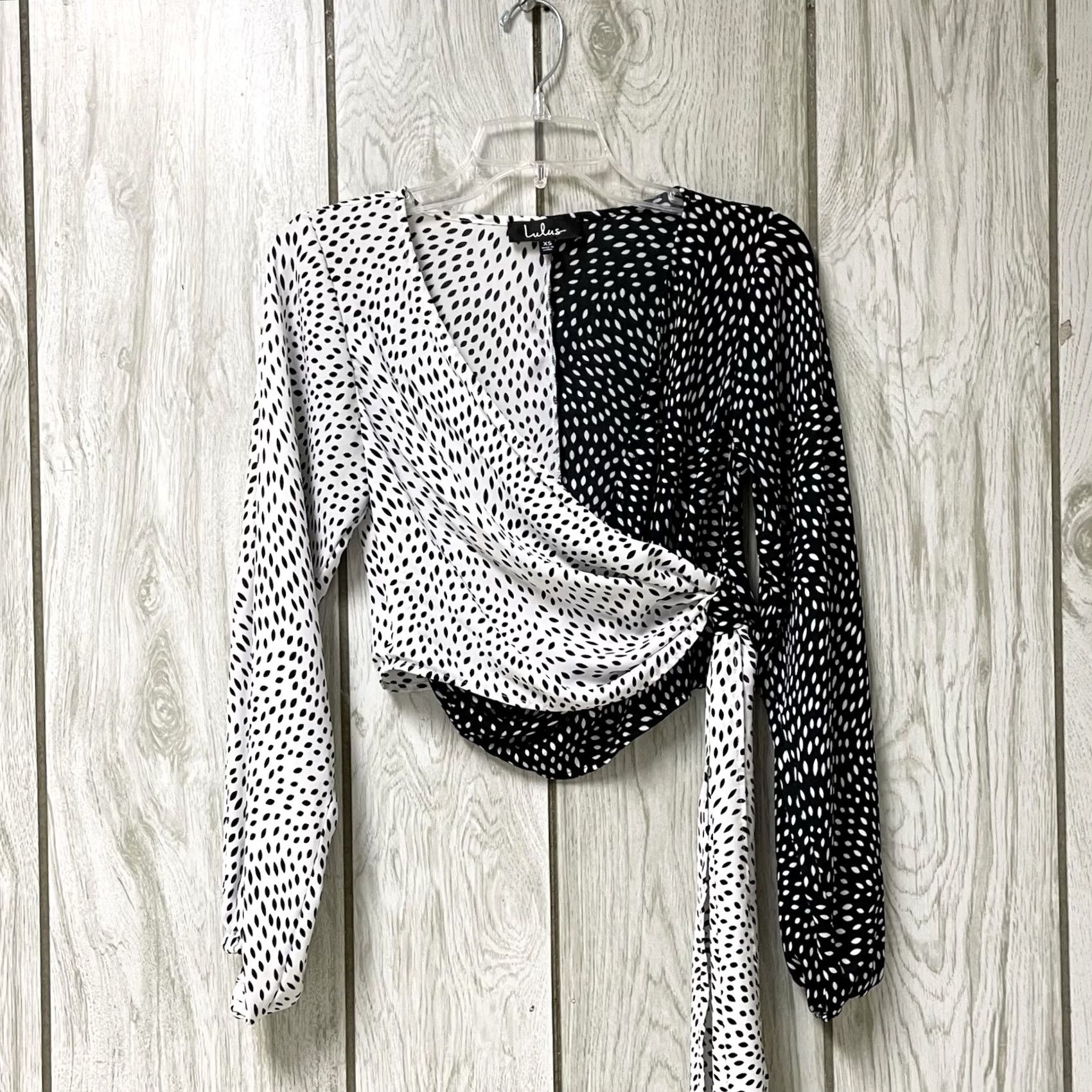 Lulus Lulus Cropped You Dot It Two-Tone Long Sleeve Wrap Top XS Women Shirt Blouse Multicolor Polka Dot Cruella Style Size XS / US 0-2 / IT 36-38 - 4 Thumbnail