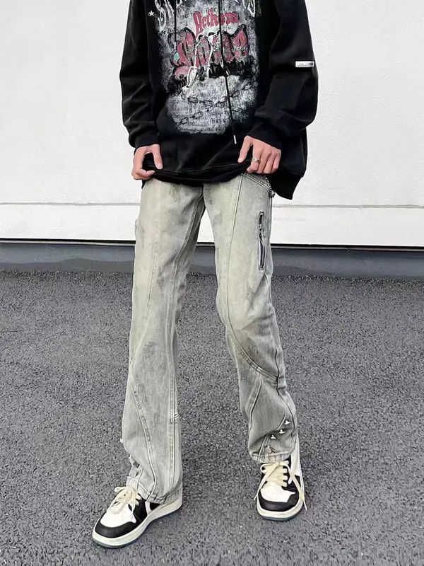 VIBE Washed and distressed patchwork micro flare jeans Size US 34 / EU 50 - 3 Thumbnail