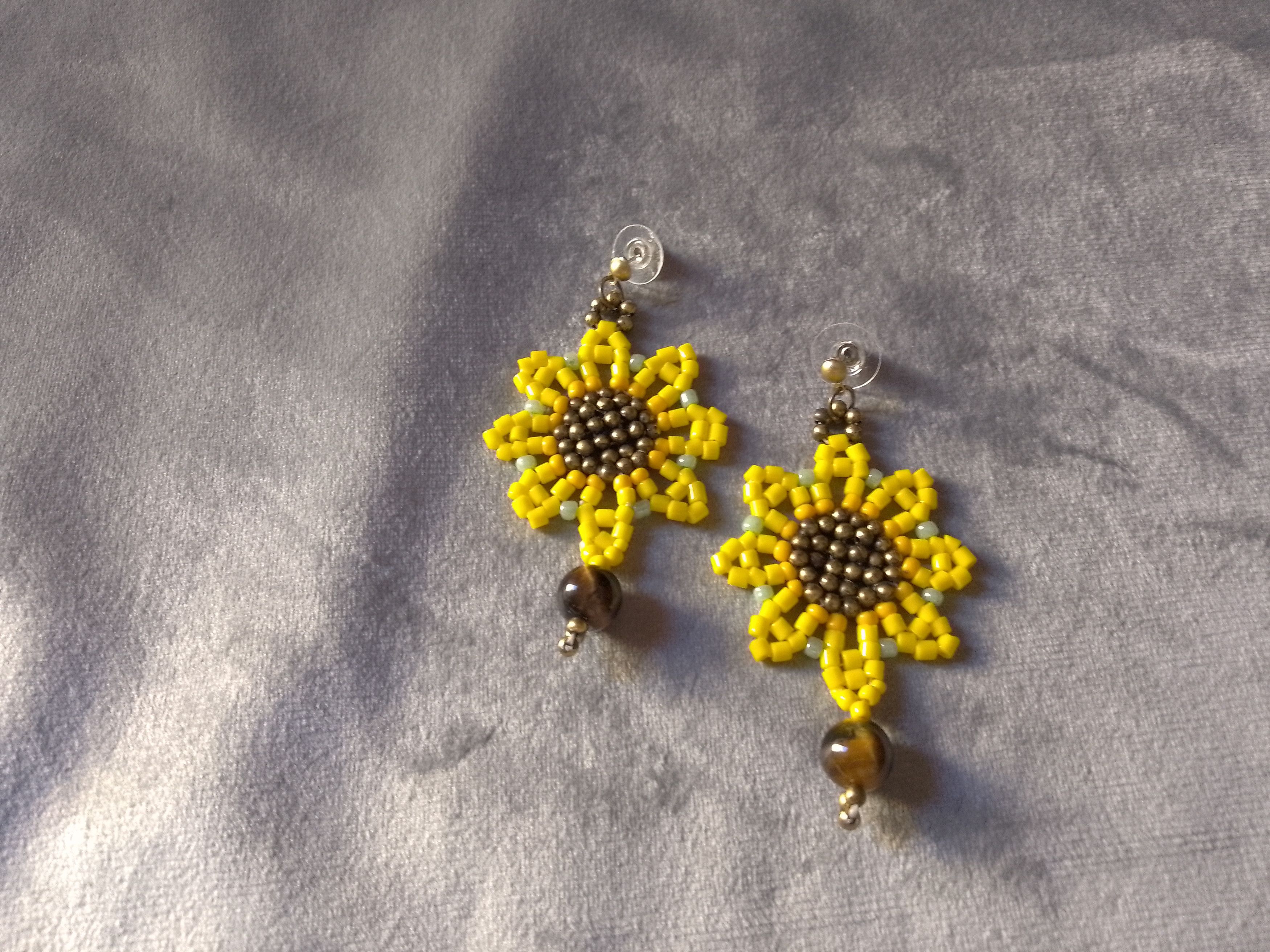 Handmade Earrings Sunflower Boho Eye of Tiger Gemstones Size ONE SIZE - 2 Thumbnail