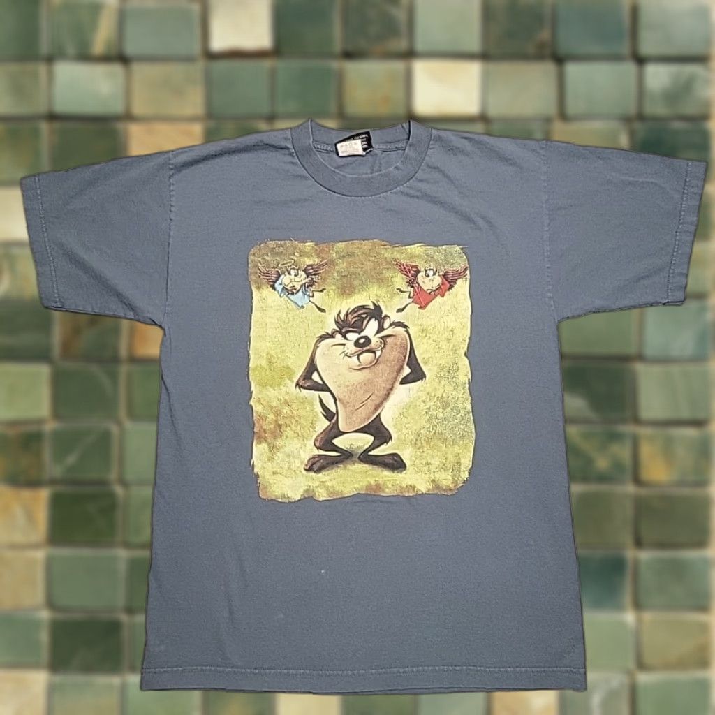 VINTAGE Looney Tunes Tee Mens L Blue Taz Devil Angel 90s Cartoon Retro 1998 Tee Mens L Blue Taz Devil Angel 90s Cartoon Retro 1998
