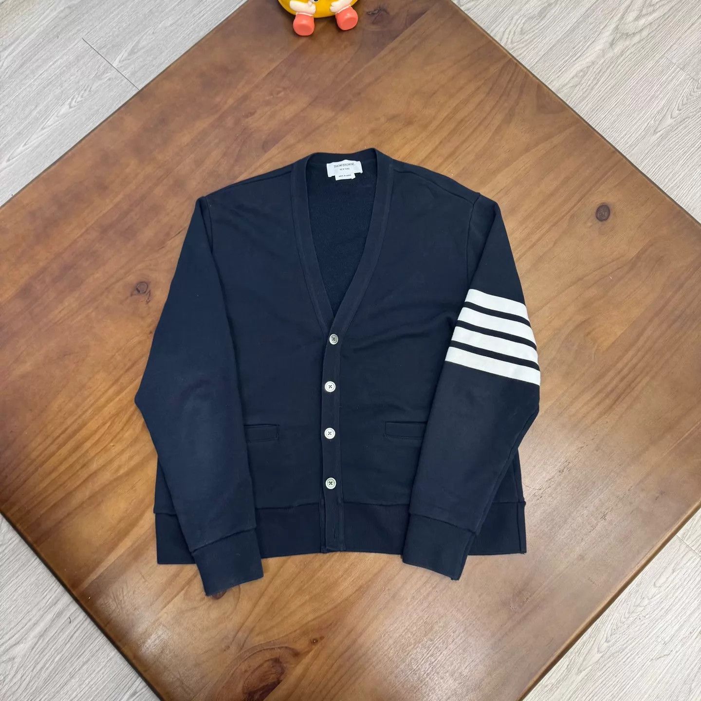 Thom Browne Blue V-Neck Button Cardigan with Striped Sleeves Size US XL / EU 56 / 4 - 1 Thumbnail