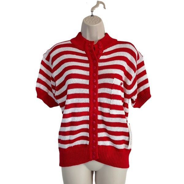 Vintage Vintage red white stripe 80’s cotton blend button up sweater Size L / US 10 / IT 46 - 1 Thumbnail