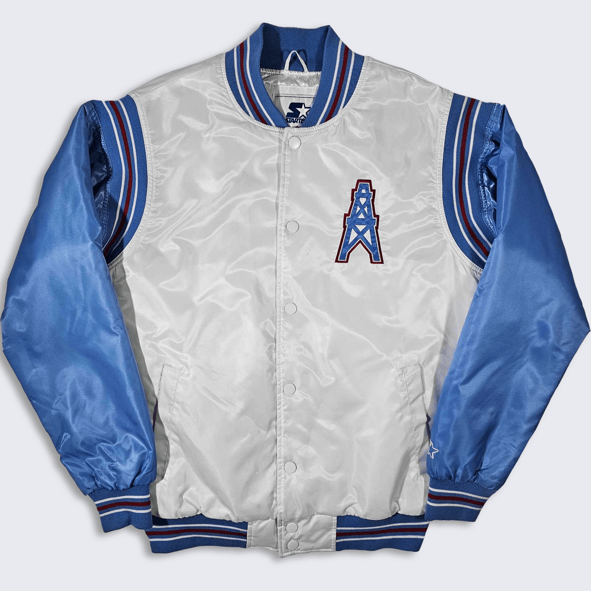 image of Houston Oilers Retro Starter Satin Bomber Jacket in White/Blue, Men's (Size Large)