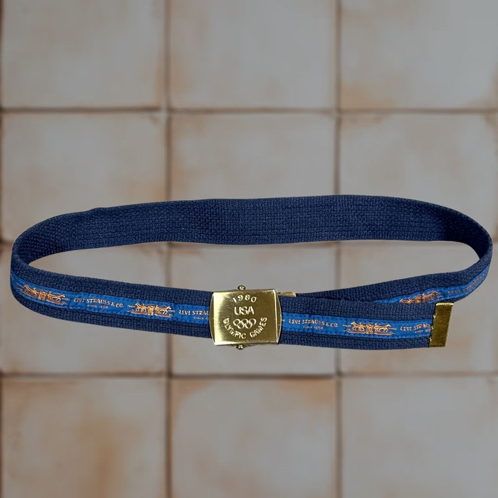 Levi's VINTAGE Levi's Belt Mens 30 Blue Canvas Slide 1980 Olympic Games USA 80s Belt Mens Blue 30 USA 80s Levis Catalog Logo Buckle Size 30 - 1 Thumbnail