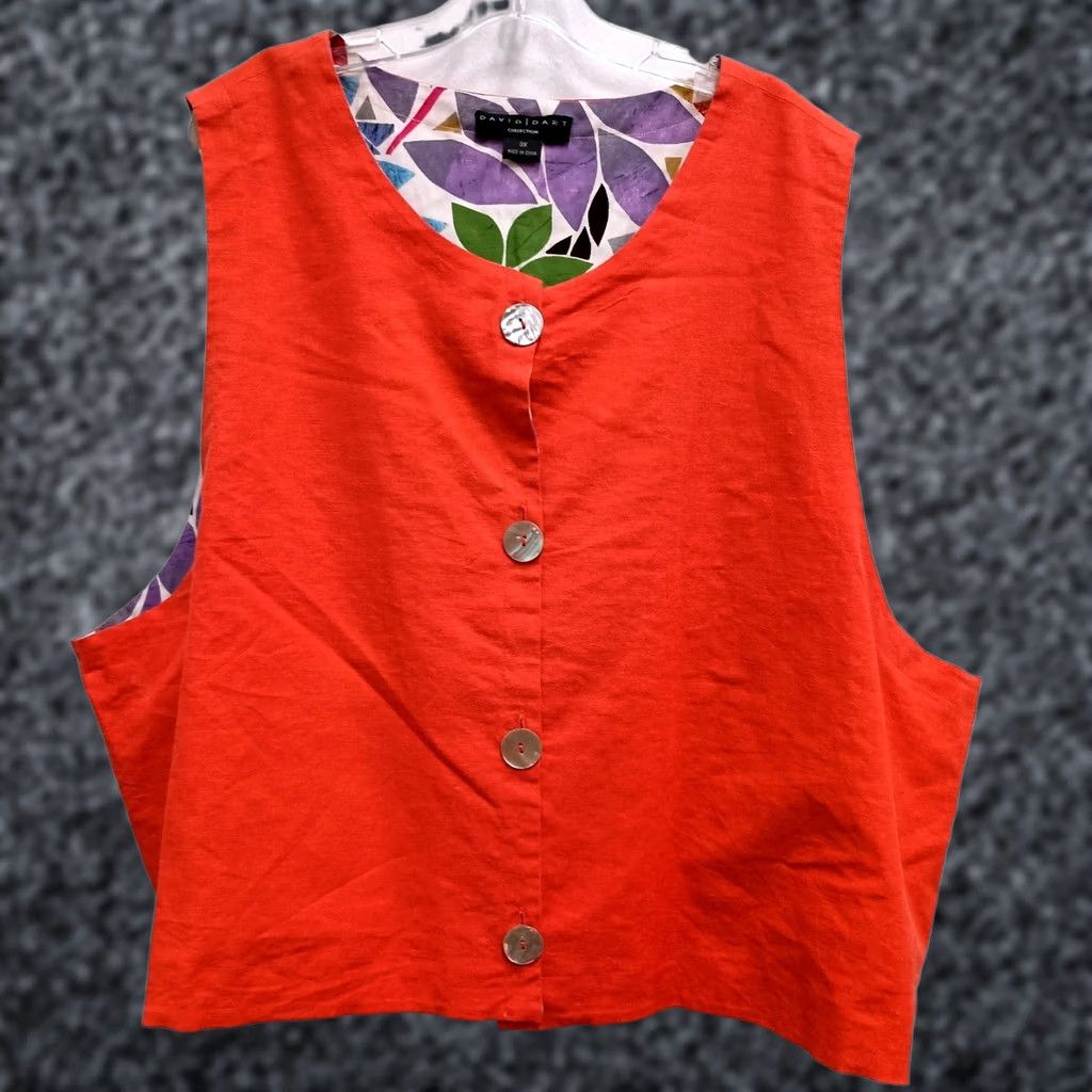 Vintage David Dart Collection Vest Women 3X Orange Linen Blend Button Up Art To Wear Size XXL / US 16-18 / IT 52-54 - 1 Thumbnail
