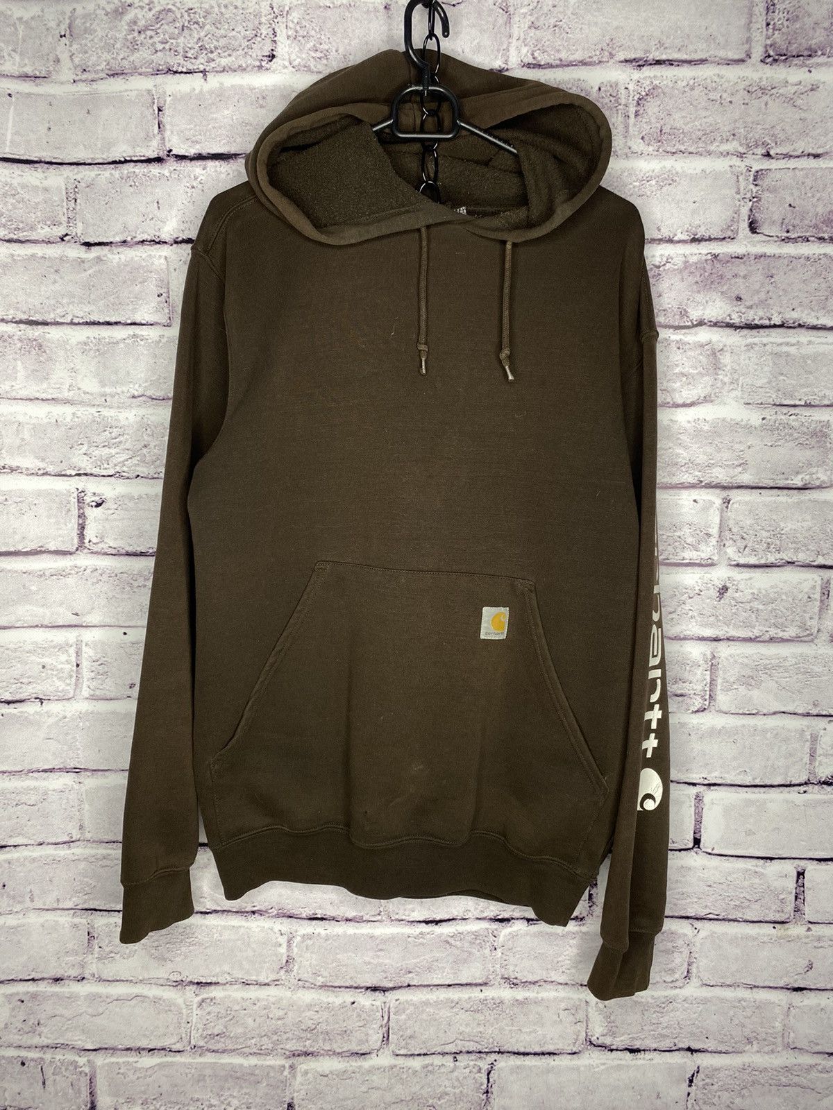 Men's brown Carhartt overprint logo hoodie distressed