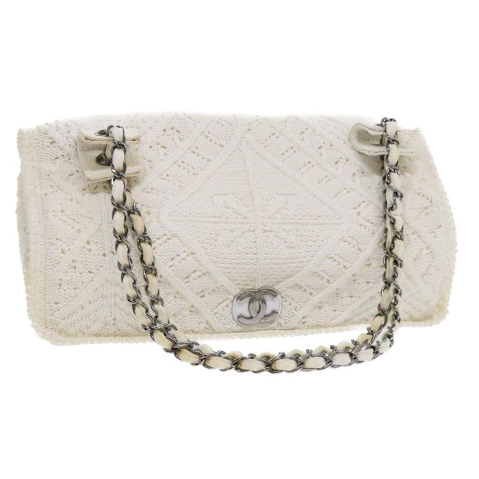 Chanel CHANEL Braid Flap Chain Shoulder Bag Cotton White CC Auth bs8243