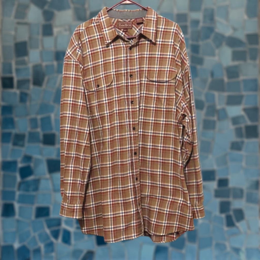 Vintage Cottonworks Men's 3XLT Brown Flannel Shirt Plaid Shirt Big & Tall Plaid Long Sleeve Button-Front Collared Casual Mens Size US XXL / EU 58 / 5 - 1 Thumbnail