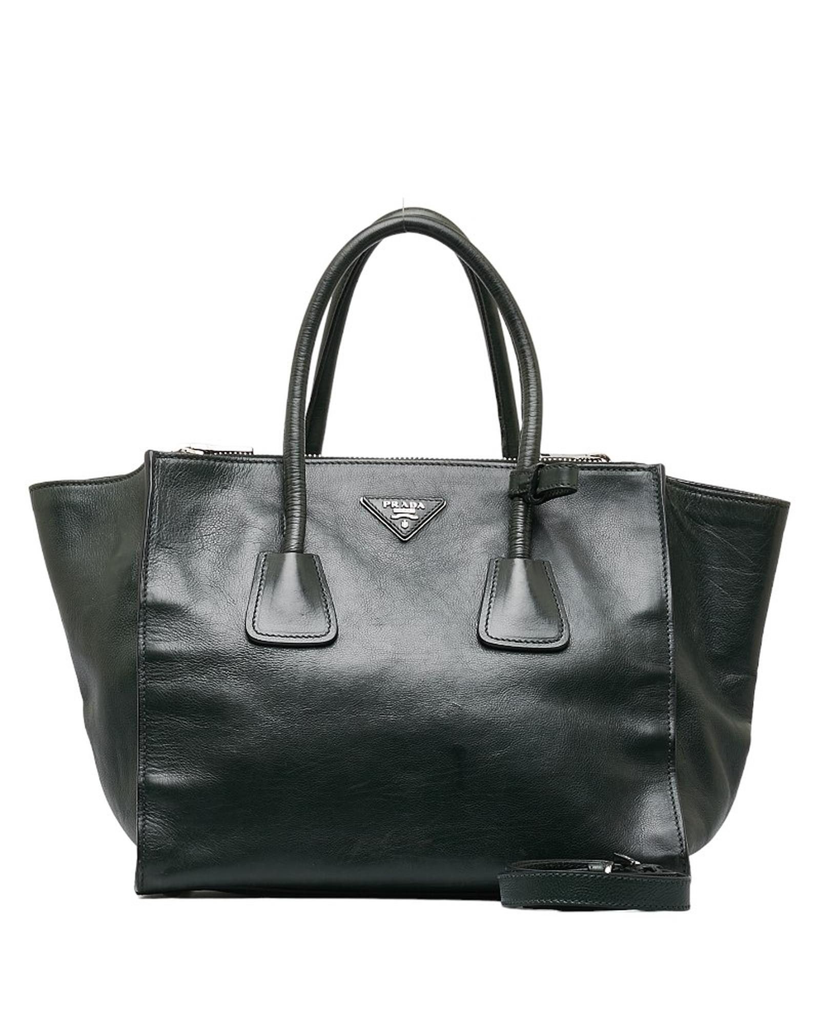 image of Prada Medium Twin Pocket Tote Bag In Green Calf Leather, Women's