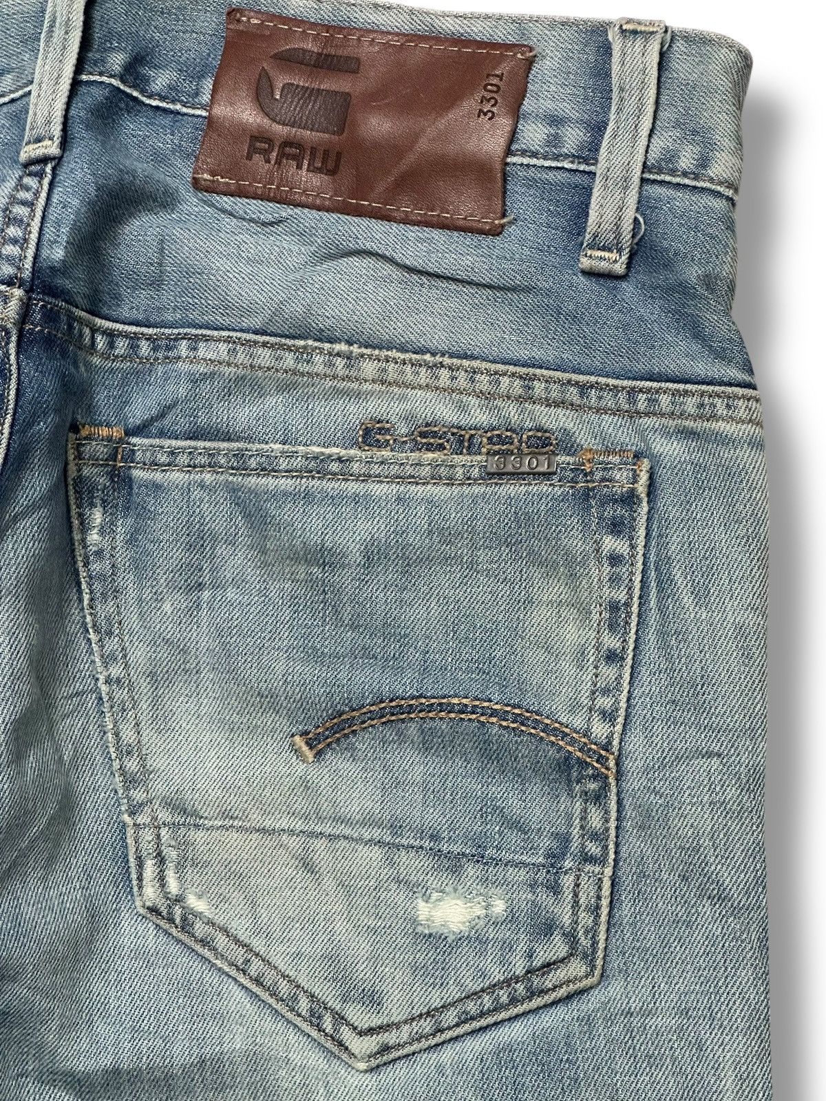 G-Star G-Star Raw 3301 Slim Fit Distressed Denim Jeans Faded Wash Size US 31 - 8 Thumbnail