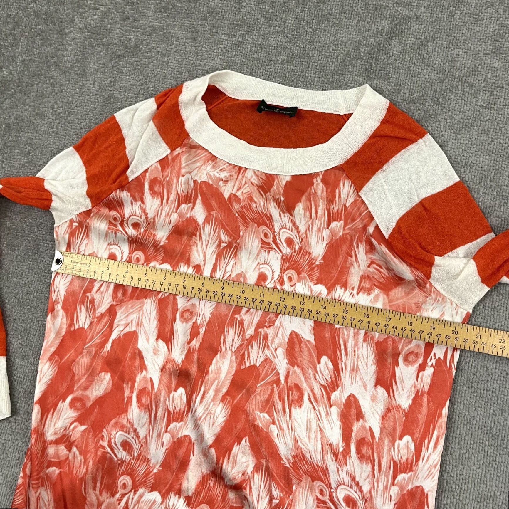 Vintage Roberto Verino Blouse Womens M Orange Striped Linen Feather Print Crew Neck Long Sleeve Size M / US 6-8 / IT 42-44 - 4 Thumbnail