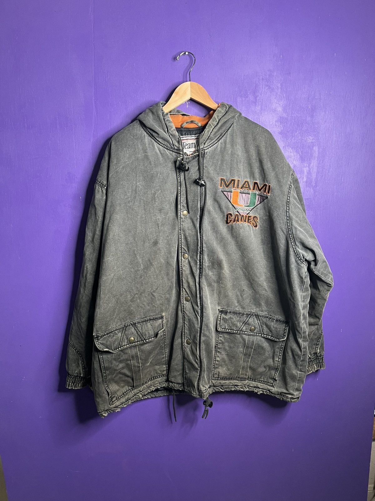 Vintage 90s Apex one Miami hurricanes faded puffer jacket