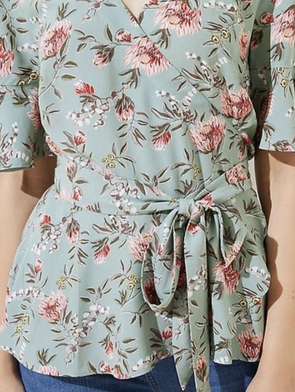 Loft Brushed Sage Floral Peplum Short Slv Wrap Top Spring Summer Size XS / US 0-2 / IT 36-38 - 3 Thumbnail