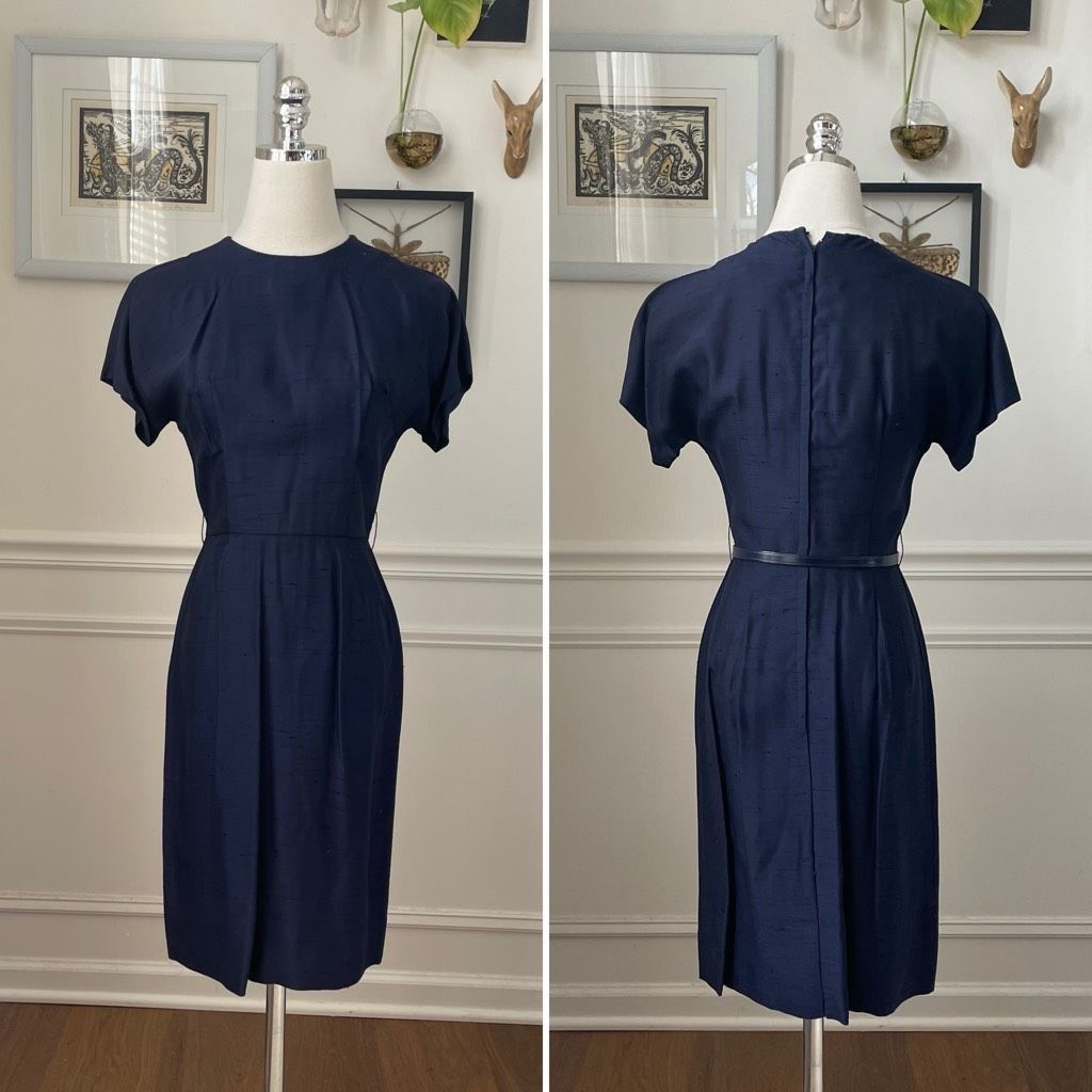 Vintage Vintage Mix & Match Dark Blue Sheath Dress Long Blazer Ivory Trim XS Size XS / US 0-2 / IT 36-38 - 2 Thumbnail