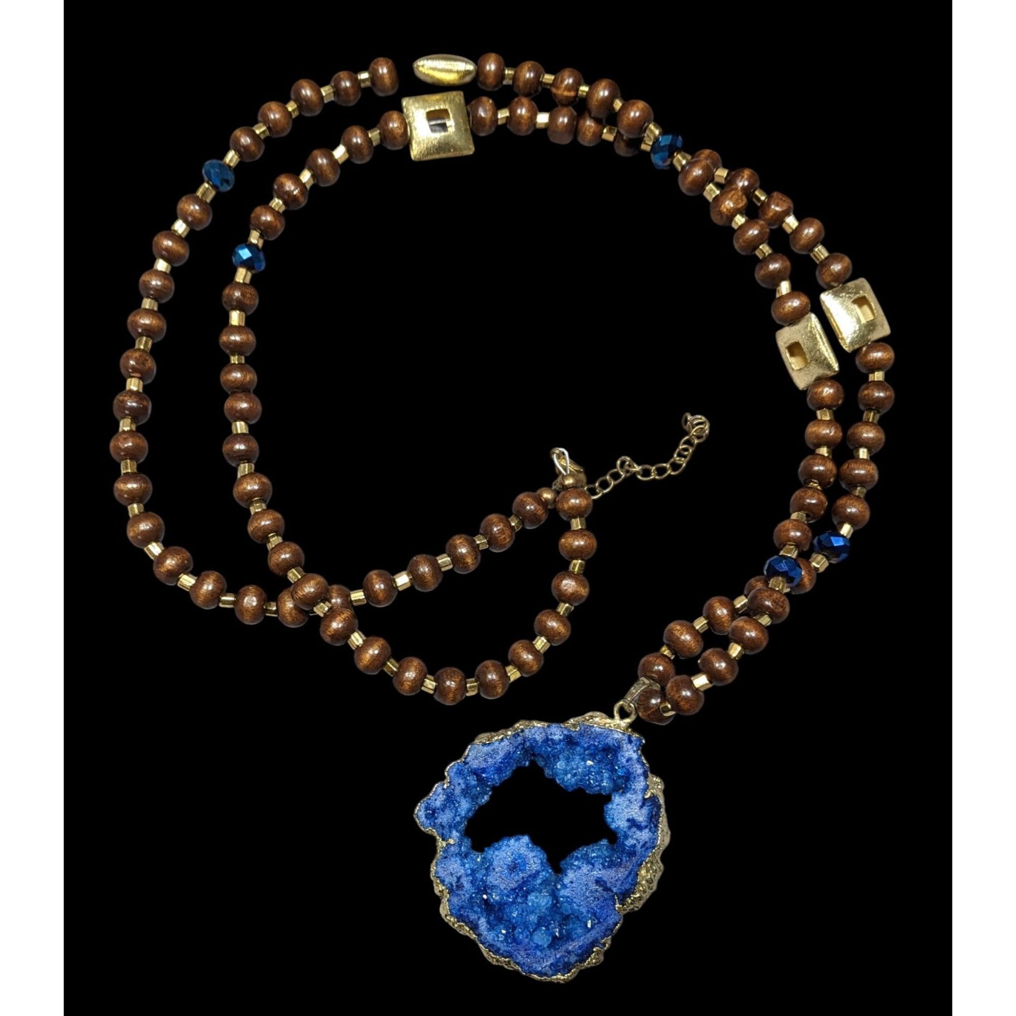 Other Blue Faux Geode Slice Pendant Necklace With Brown Wood And G Size ONE SIZE - 1 Thumbnail