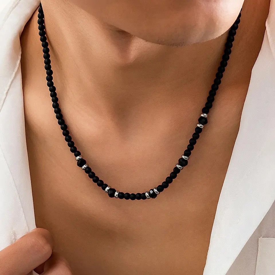 Jewelry × Vintage Hiphop Black Beaded Necklaces Black Frosted Stone Splicing Size ONE SIZE - 2 Thumbnail