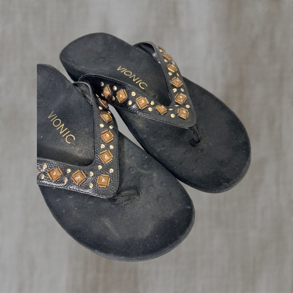 Vionic Vionic Womens Sandal Floriana Slip On Thong Black Studded Beaded Embellished Arch Support Casual Shoes 9 Womens Size US 9 / IT 39 - 1 Thumbnail