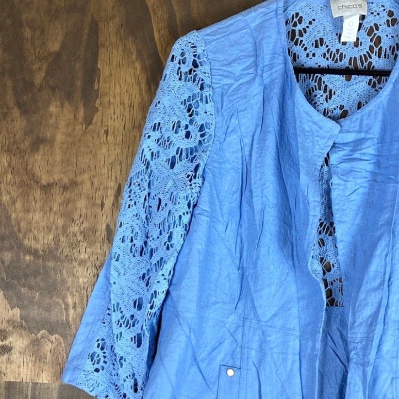 Vintage Chicos Womens Jacket Blue Lace Duster Open Front 3/4 Sleeve Linen Blend S Size S / US 4 / IT 40 - 4 Thumbnail