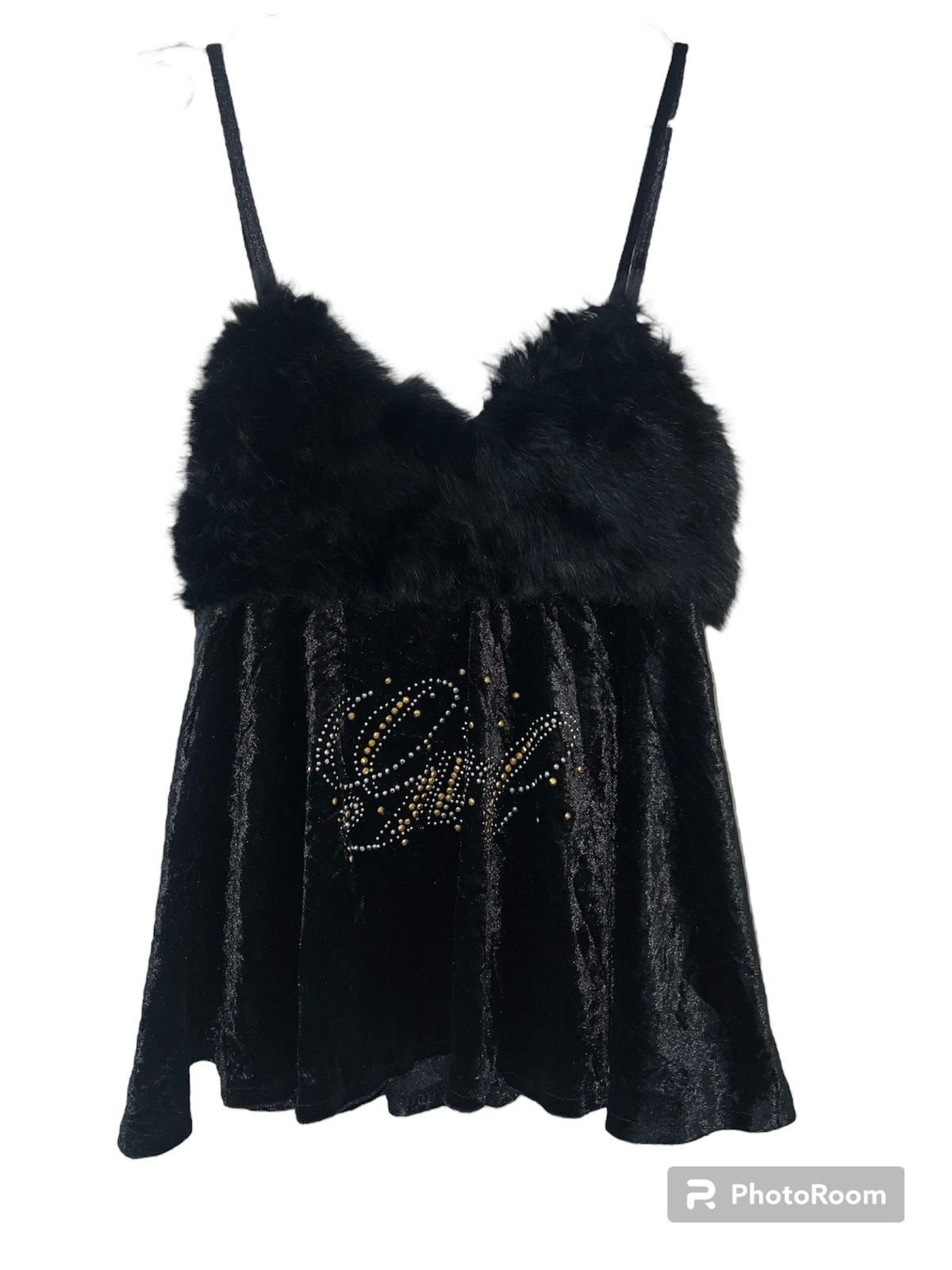 Japanese Brand Vintage camisole with fur and rhinestone 🖤 Size ONE SIZE - 1 Thumbnail