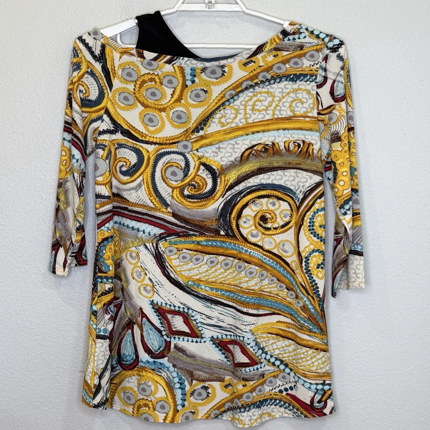 Vintage VINTAGE Attitudes by Renee Como Jersey Asymmetric Neckline Tunic Top Women's Medium Yellow Paisley Print 3/4 Sleeve Stretch Size M / US 6-8 / IT 42-44 - 6 Thumbnail