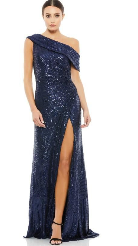 Image of Designer (7) Mac Duggal One-Shoulder Sequined Gown Msrp $398, Size 12 in Blue, Women's