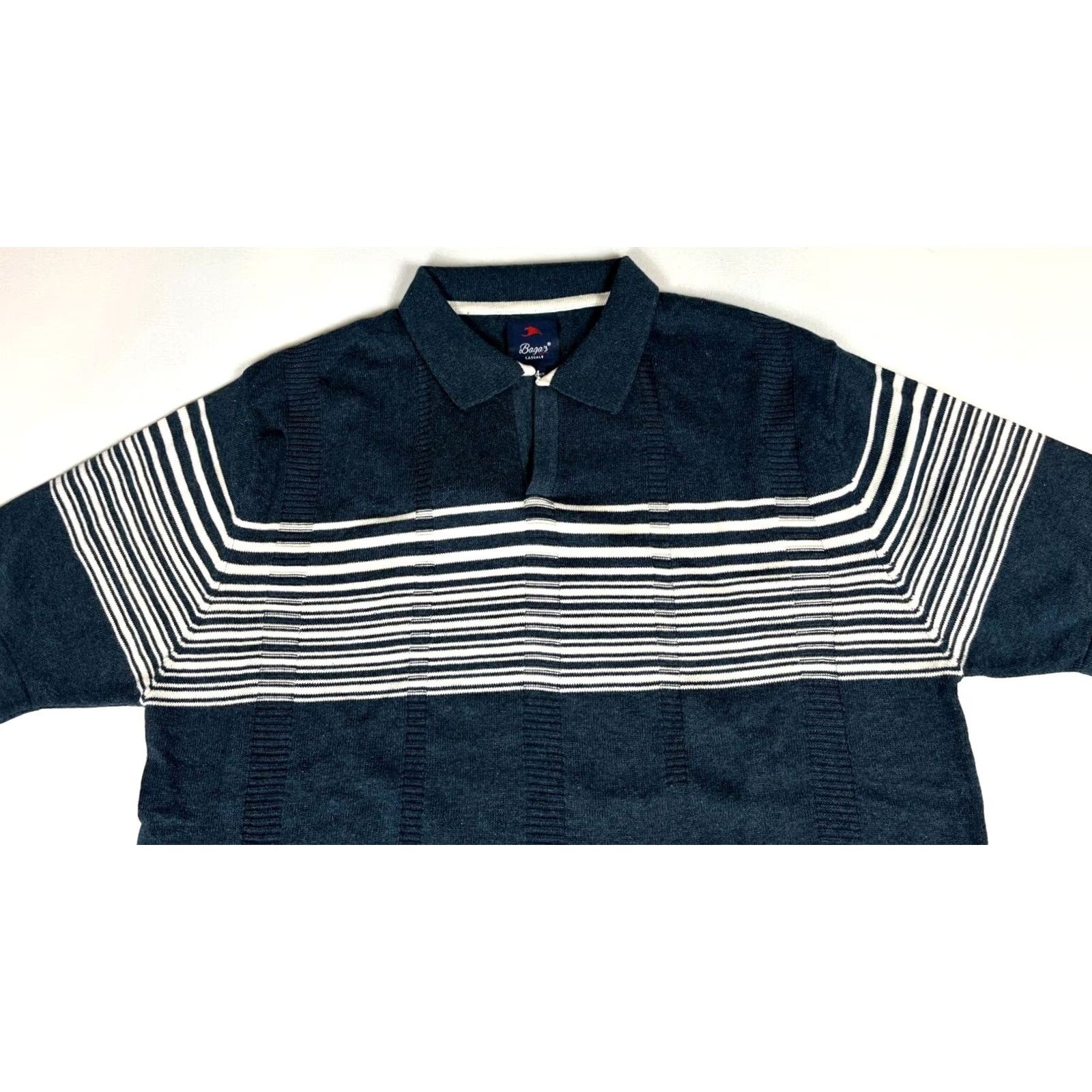 Vintage Baga's Men Knit Polo Shirt L Blue Gray Striped Short Sleeve Collared City Preppy Vintage? Size US L / EU 52-54 / 3 - 6 Thumbnail