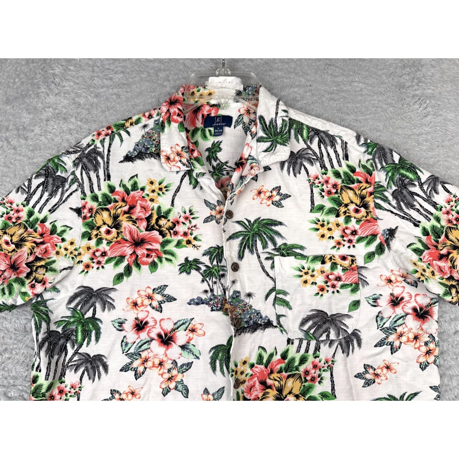 George George Shirt Adult Large White Floral Palm Print Button Up Hawaiian Rayon Mens Size US L / EU 52-54 / 3 - 4 Thumbnail