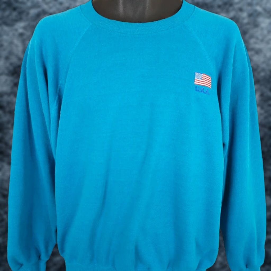 Hanes VINTAGE Hanes Sweatshirt Mens XL Blue 80s American Flag Embroidered Made In USA Size US XL / EU 56 / 4 - 1 Thumbnail
