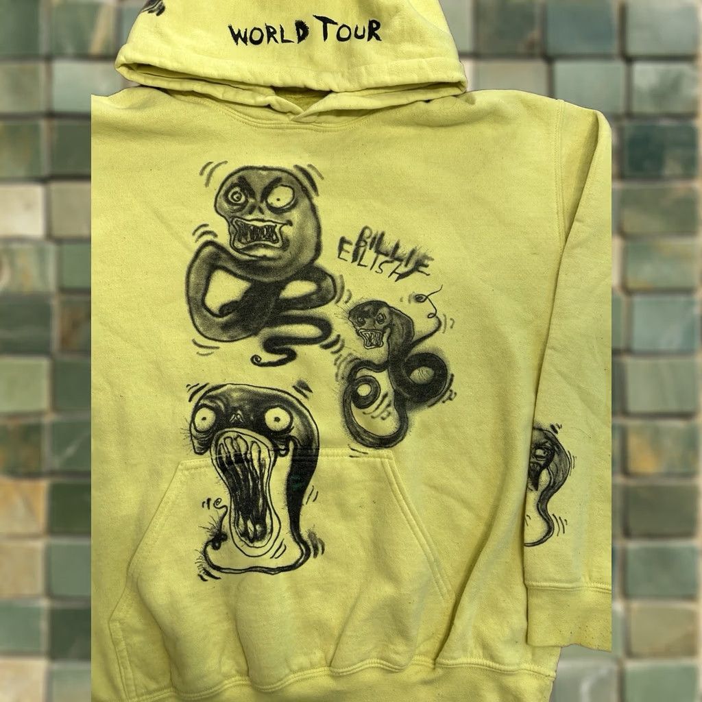 Vintage Billie Eilish Shirt Mens M Yellow World Tour Hoodie Sweatshirt Concert Graffiti Air Brush Size US M / EU 48-50 / 2 - 1 Thumbnail