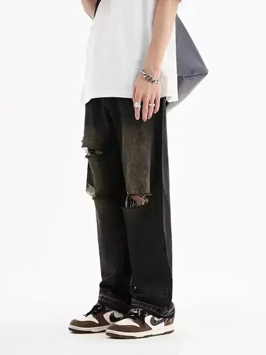 Japanese Brand Black distressed washed straight denim jeans Size US 34 / EU 50 - 2 Thumbnail