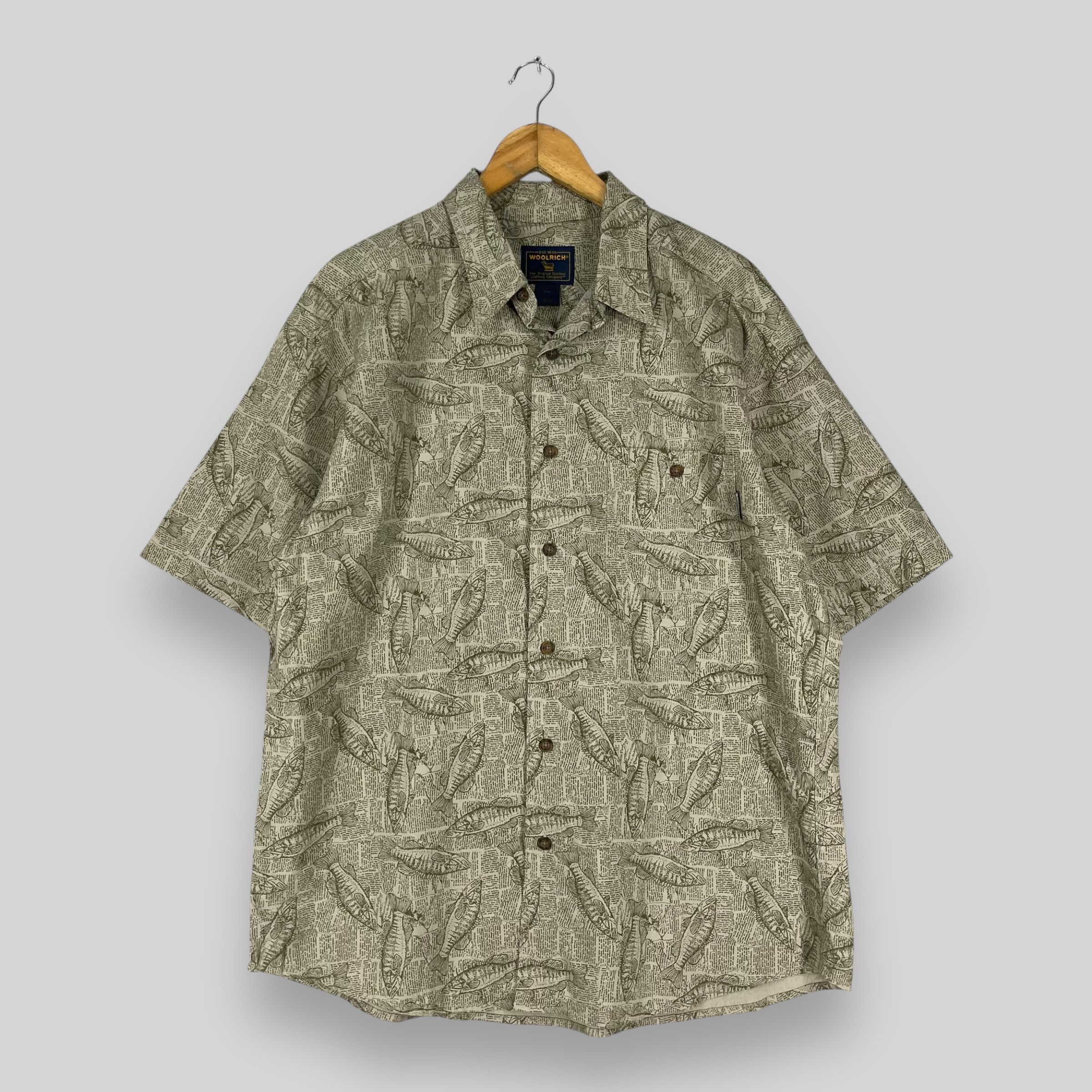 Japanese Brand Vintage WOOLRICH Abstract Freswater Bass Overprint Shirt Size US L / EU 52-54 / 3 - 1 Thumbnail