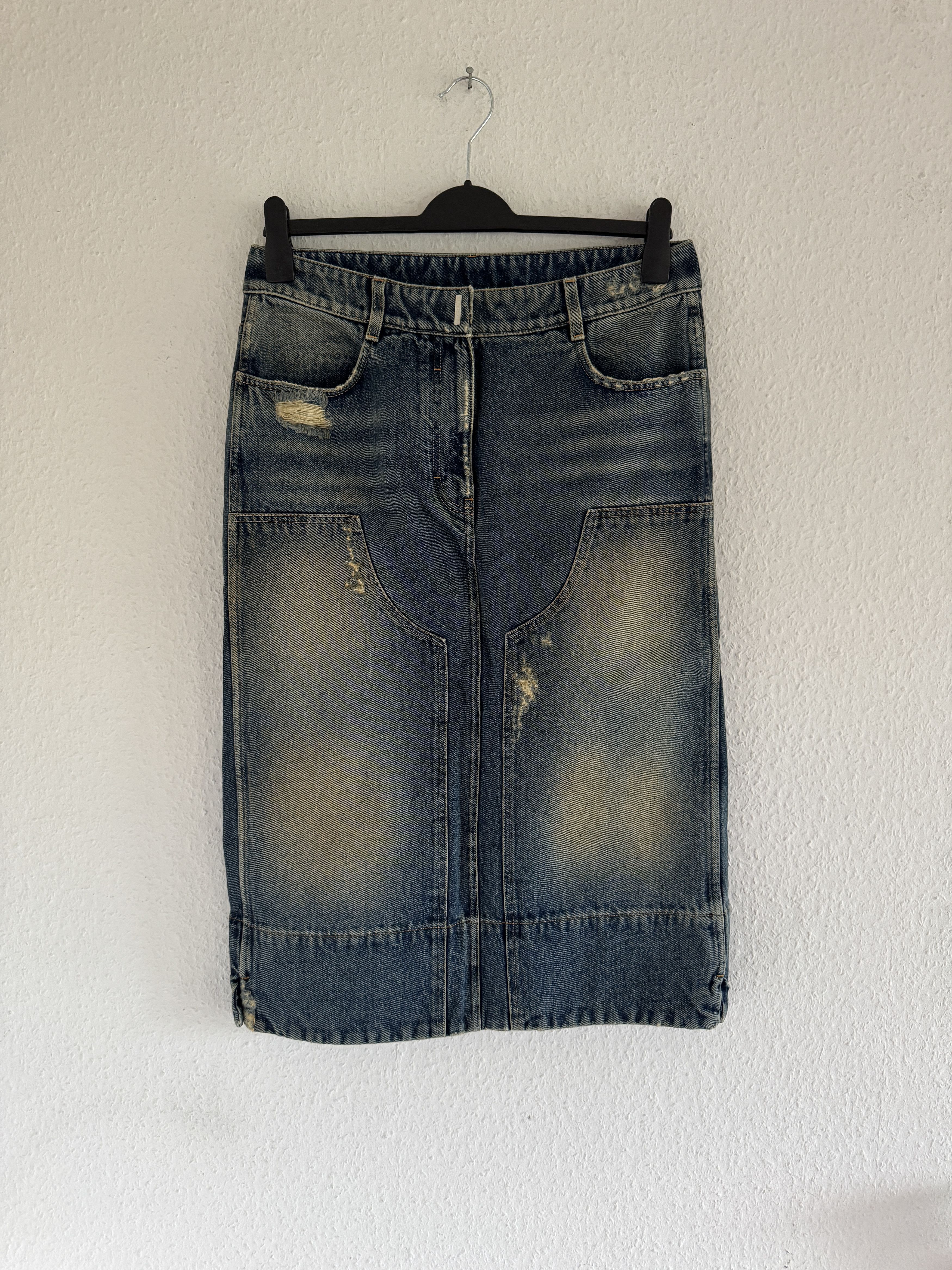 Givenchy Distressed Low-Rise Denim Midi Skirt | Grailed