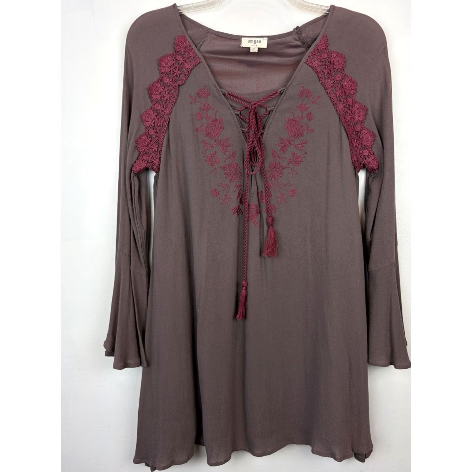 Bell UMGEE Dress Women M Boho Brown Floral Embroidered Bell Sleeve Mini Short V-Neck Size M / US 6-8 / IT 42-44 - 2 Thumbnail