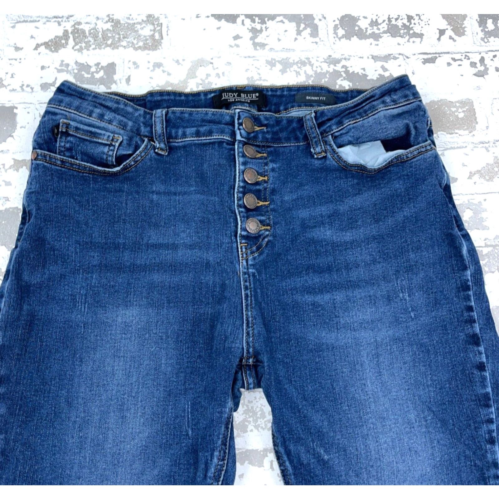 Vintage Judy Blue Jeans Women 15 32 Skinny Fit Dark Wash Faded Distressed-Free Stretch Button Fly Denim Pants Jeans Blue 5-Pocket Style Regular Waist Womens Size 36" / US 14 / IT 50 - 3 Thumbnail