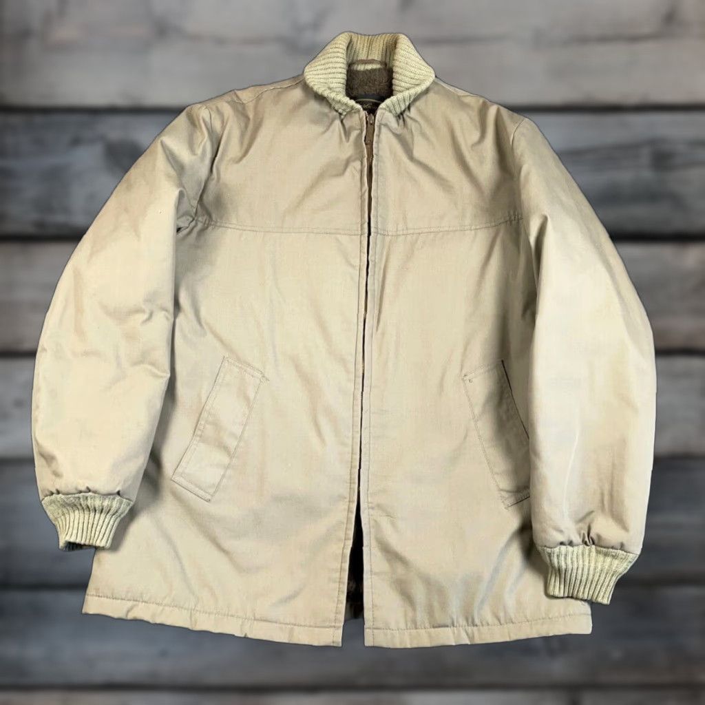 IDEA VTG 80s Bomber Jacket Adult Large Beige Faux Fur Lined Elongated Zip Full Zip Pockets Stand-Up Collar Regular Size US L / EU 52-54 / 3 - 1 Thumbnail