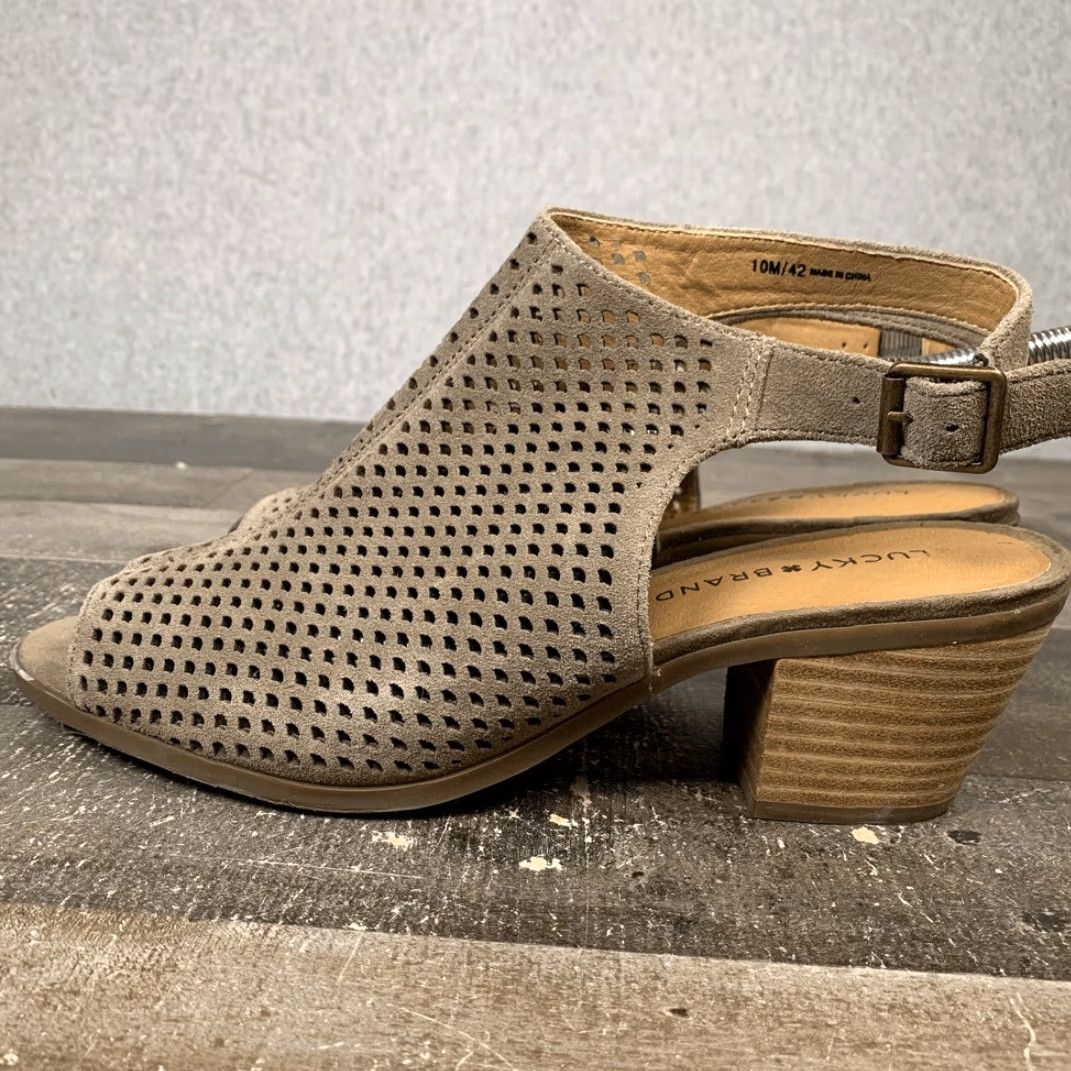 Lucky Brand Lucky Brand Women’s Bertel Peep Toe Suede Sandals Tan Ankle Strap Slingback Heel Size 10 Womens Size US 10 / IT 40 - 3 Thumbnail
