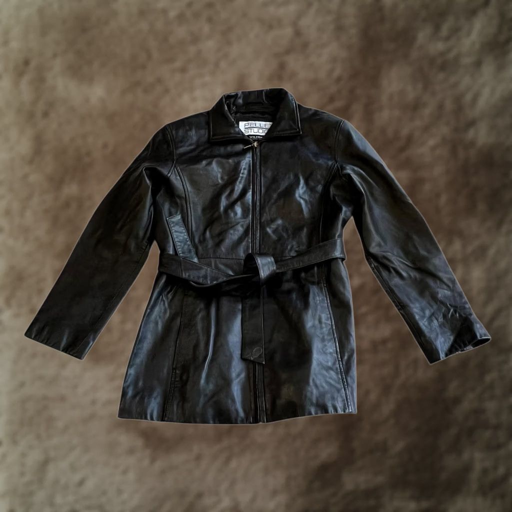 Vintage Pelle Studio Wilsons Leather Trench Coat Womens Large Black Belted Mid Length Size L / US 10 / IT 46 - 1 Thumbnail
